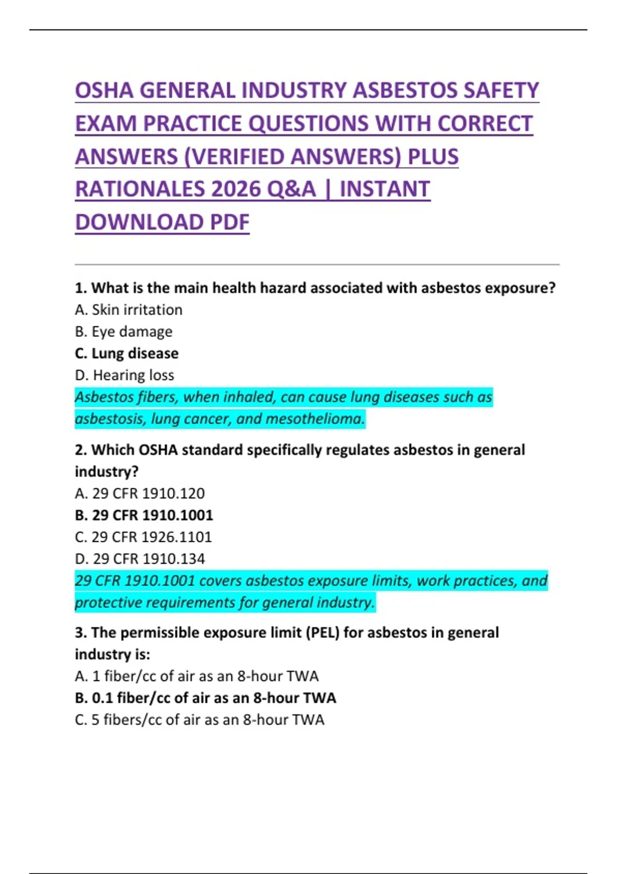 OSHA GENERAL INDUSTRY ASBESTOS SAFETY EXAM PRACTICE QUESTIONS WITH ...