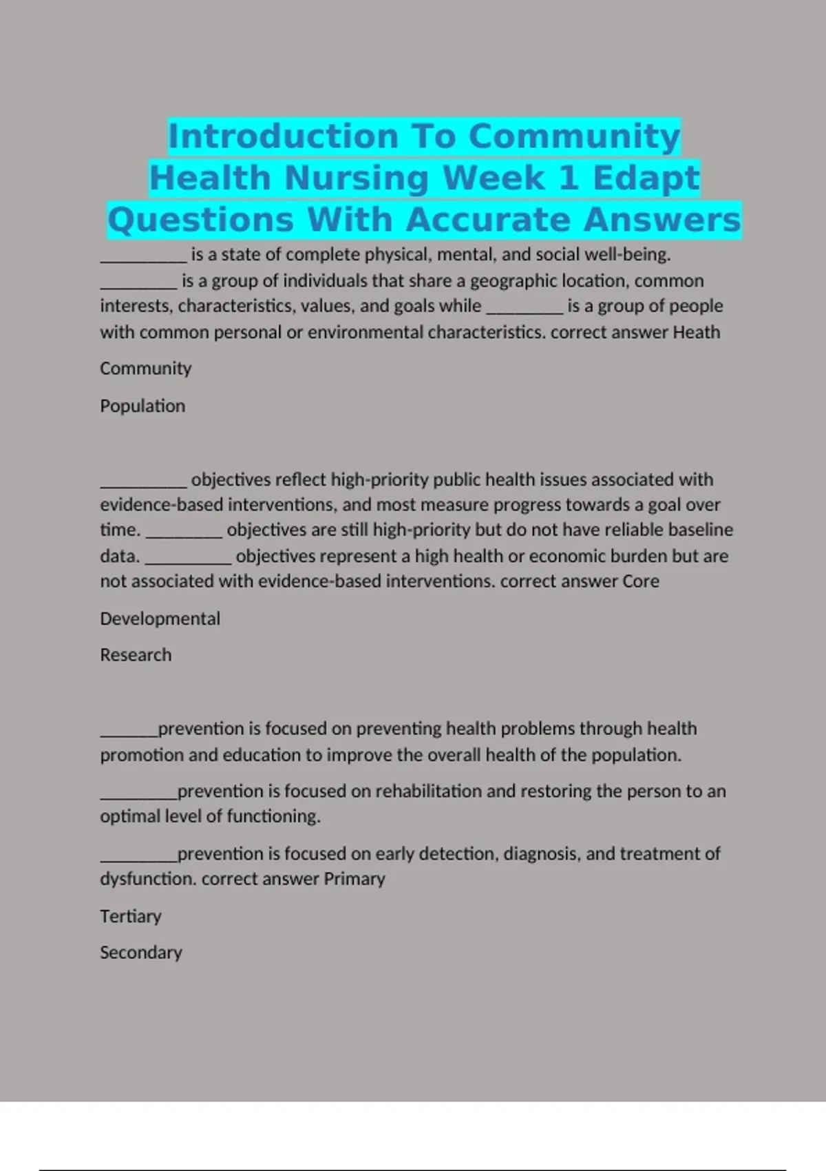 Introduction To Community Health Nursing Week 1 Edapt Questions With ...
