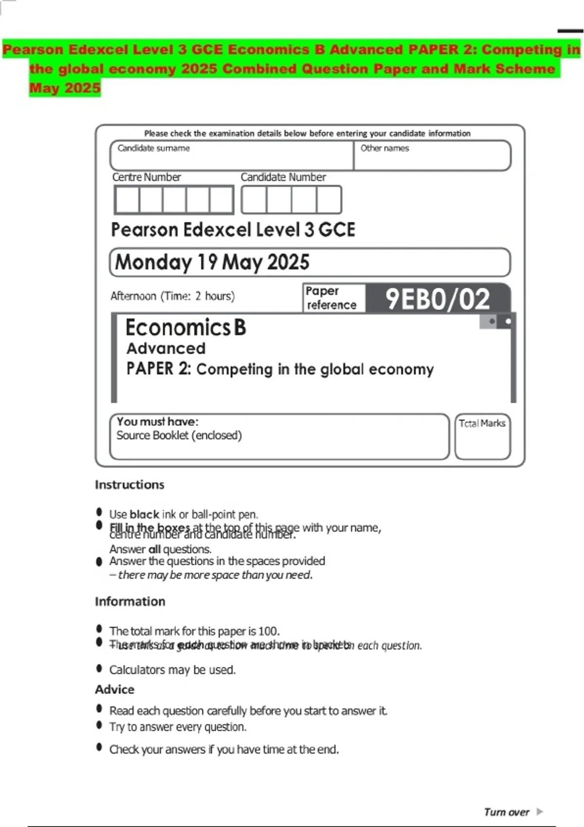 Pearson Edexcel Level 3 GCE Economics B Advanced PAPER 2: Competing in ...