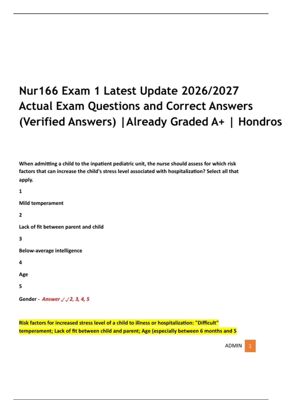 NUR 166/ NUR166 Exam 1 Latest Update 2026/2027 Actual Exam Questions ...