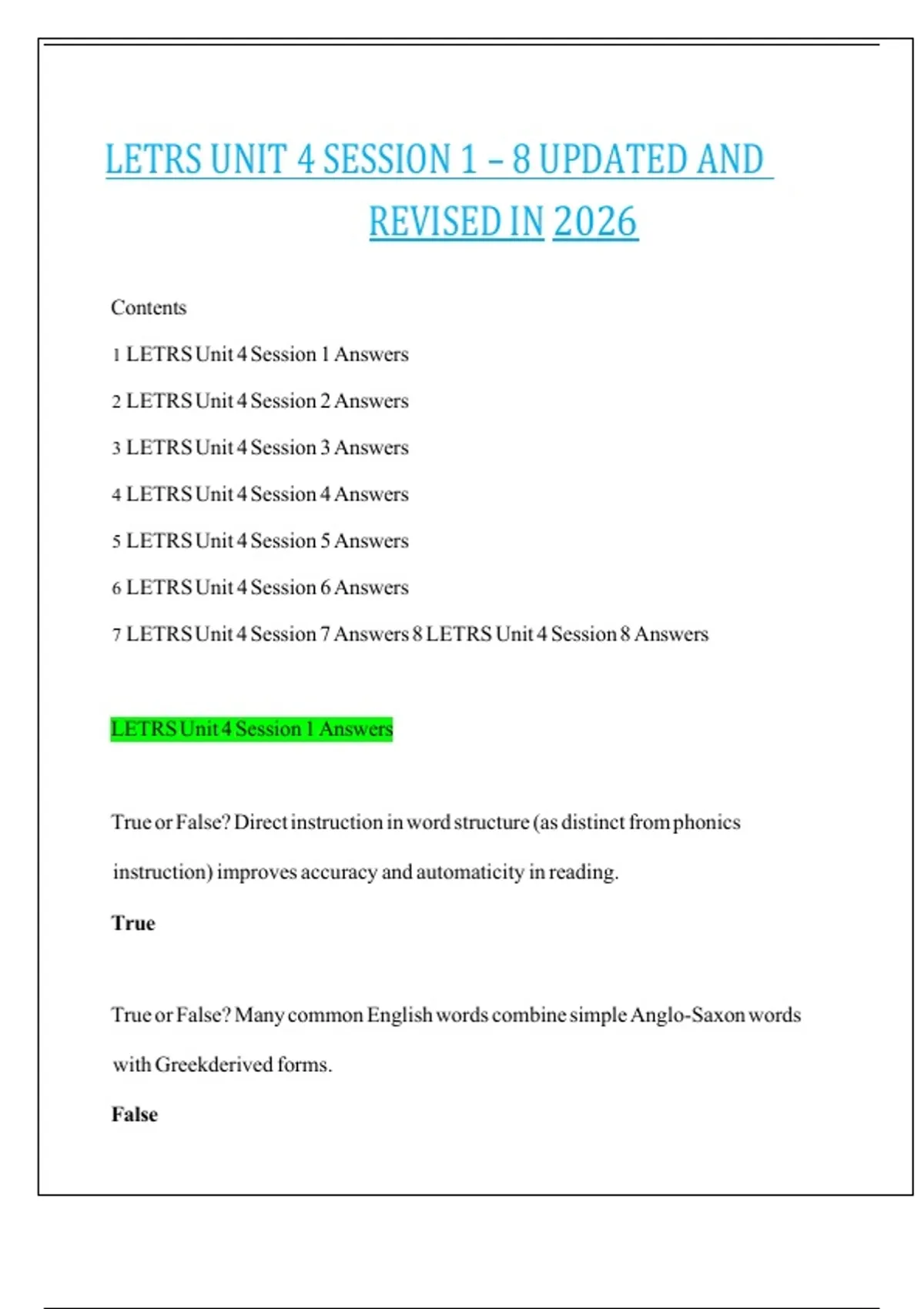 LETRS UNIT 4 SESSION 1 – 8 UPDATED AND REVISED IN 2026 - LETRS - Stuvia US