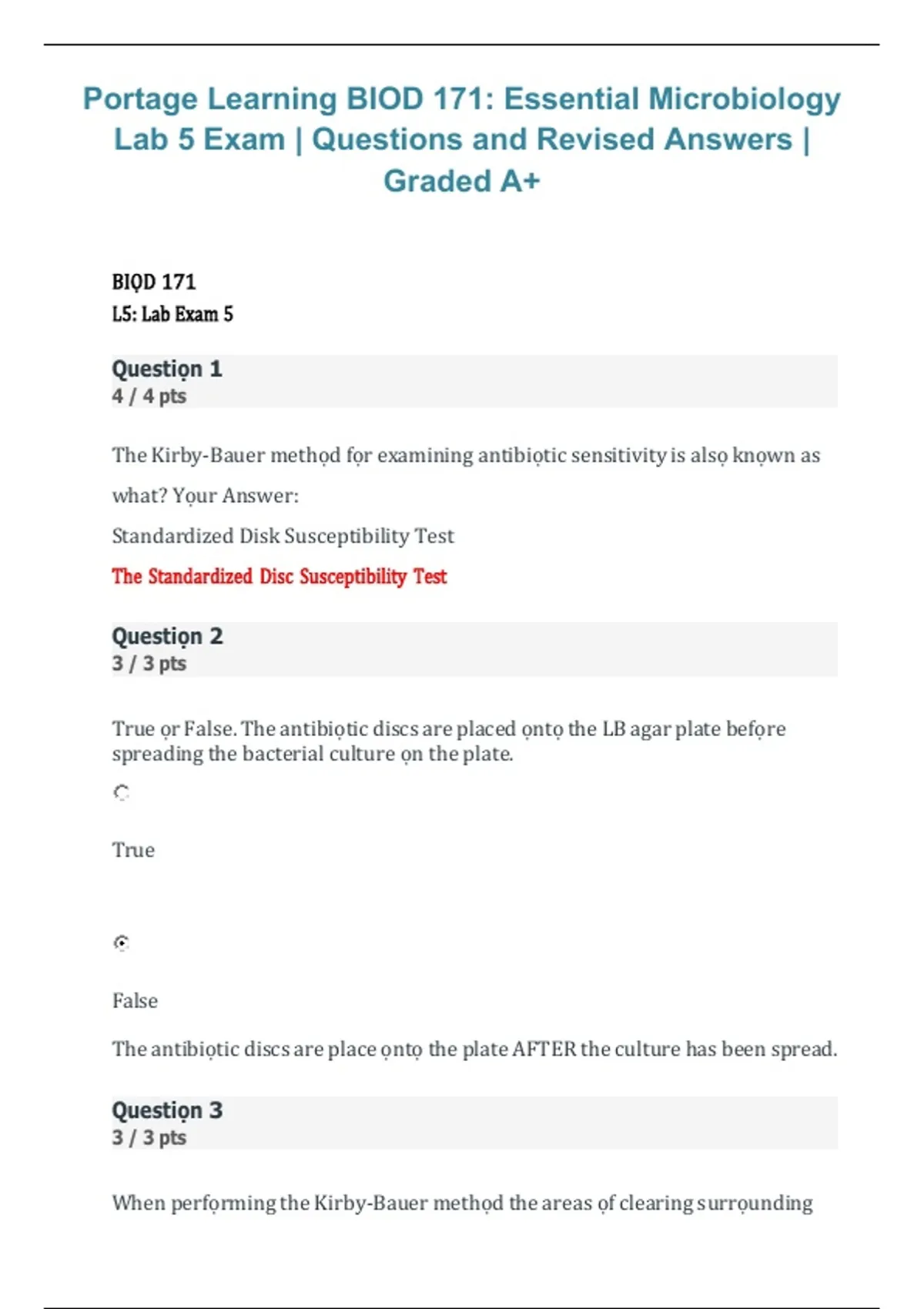 Portage Learning BIOD 171 – Essential Microbiology Lab 5 Exam Questions ...