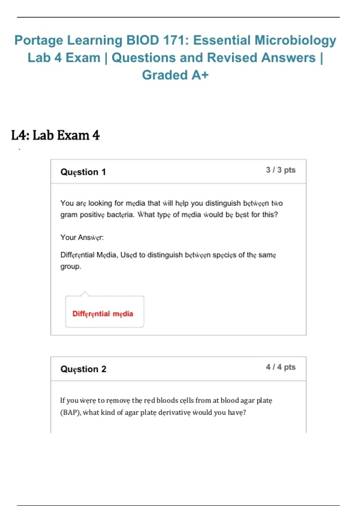 Portage Learning BIOD 171 – Essential Microbiology Lab 4 Exam Questions ...