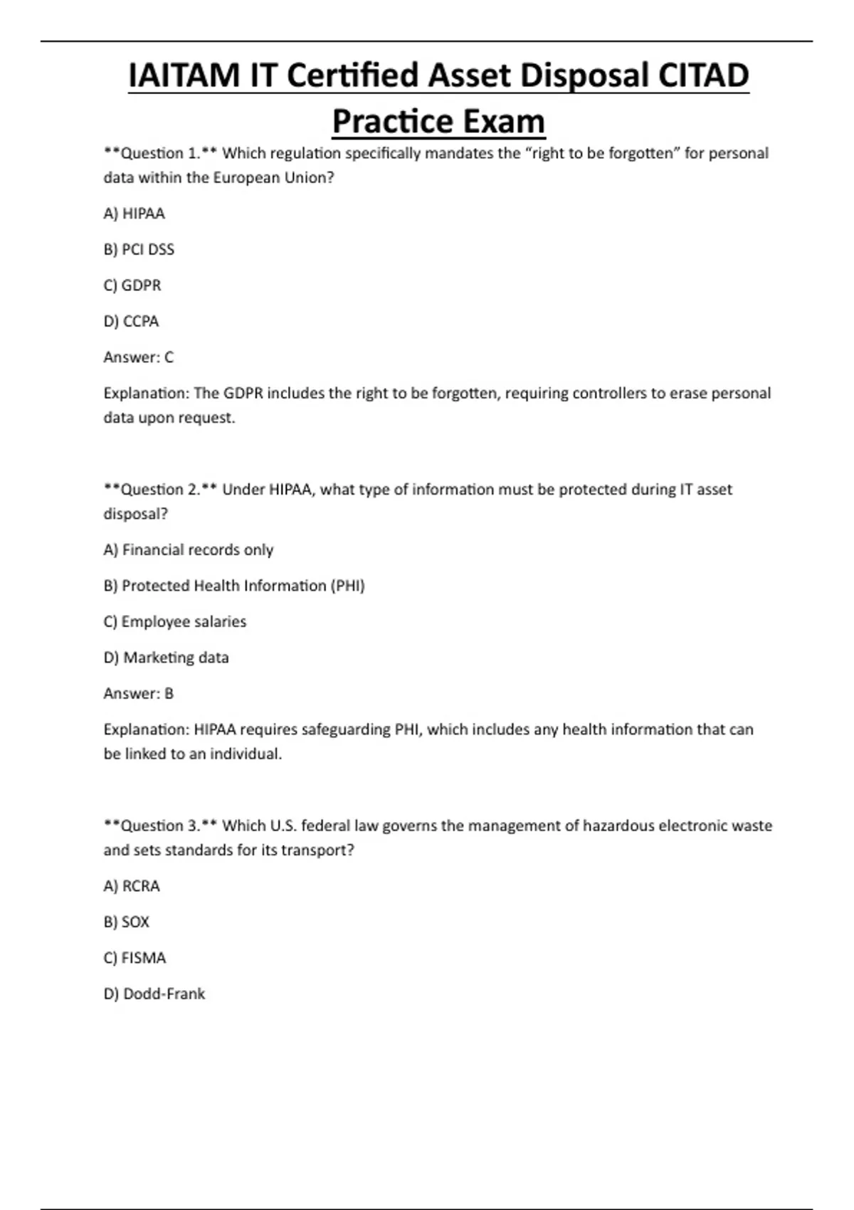 IAITAM IT Certified Asset Disposal CITAD Practice Exam - Computer ...