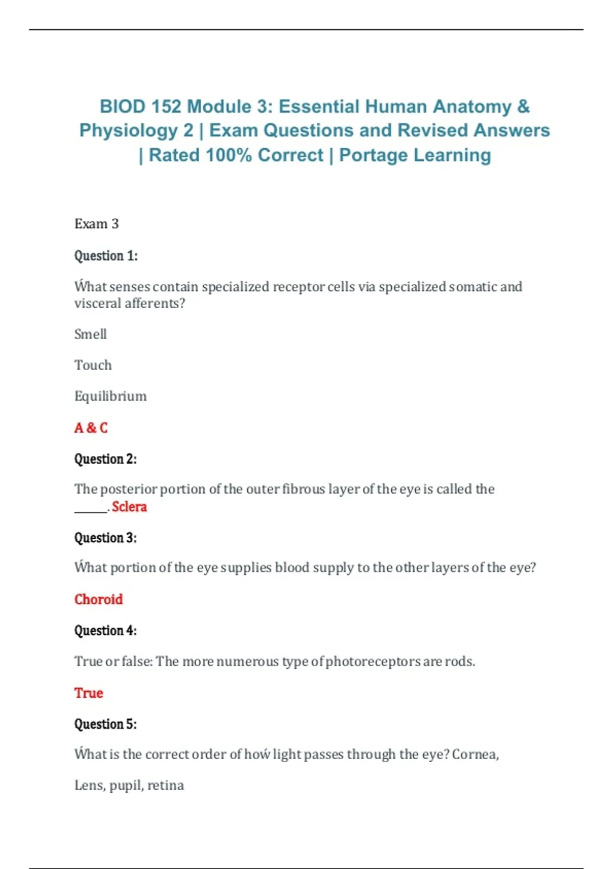 BIOD 152 Module 3 – Essential Human Anatomy & Physiology II Exam ...