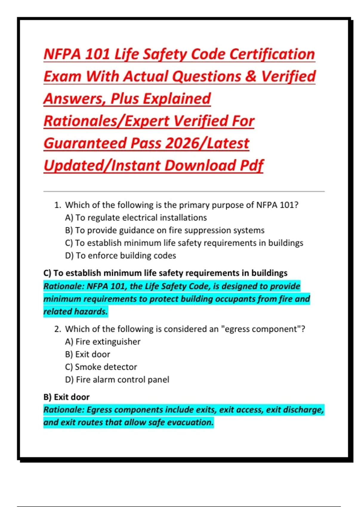 NFPA 101 Life Safety Code Certification Exam With Actual Questions ...