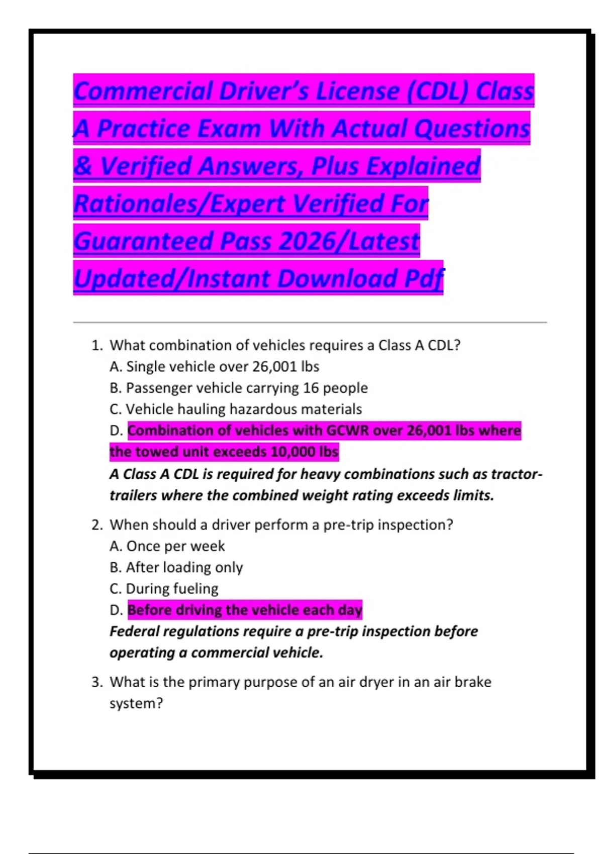 Sample Cdl Test Commercial Driver’s License (CDL) Class A Practice Exam With Actual ...