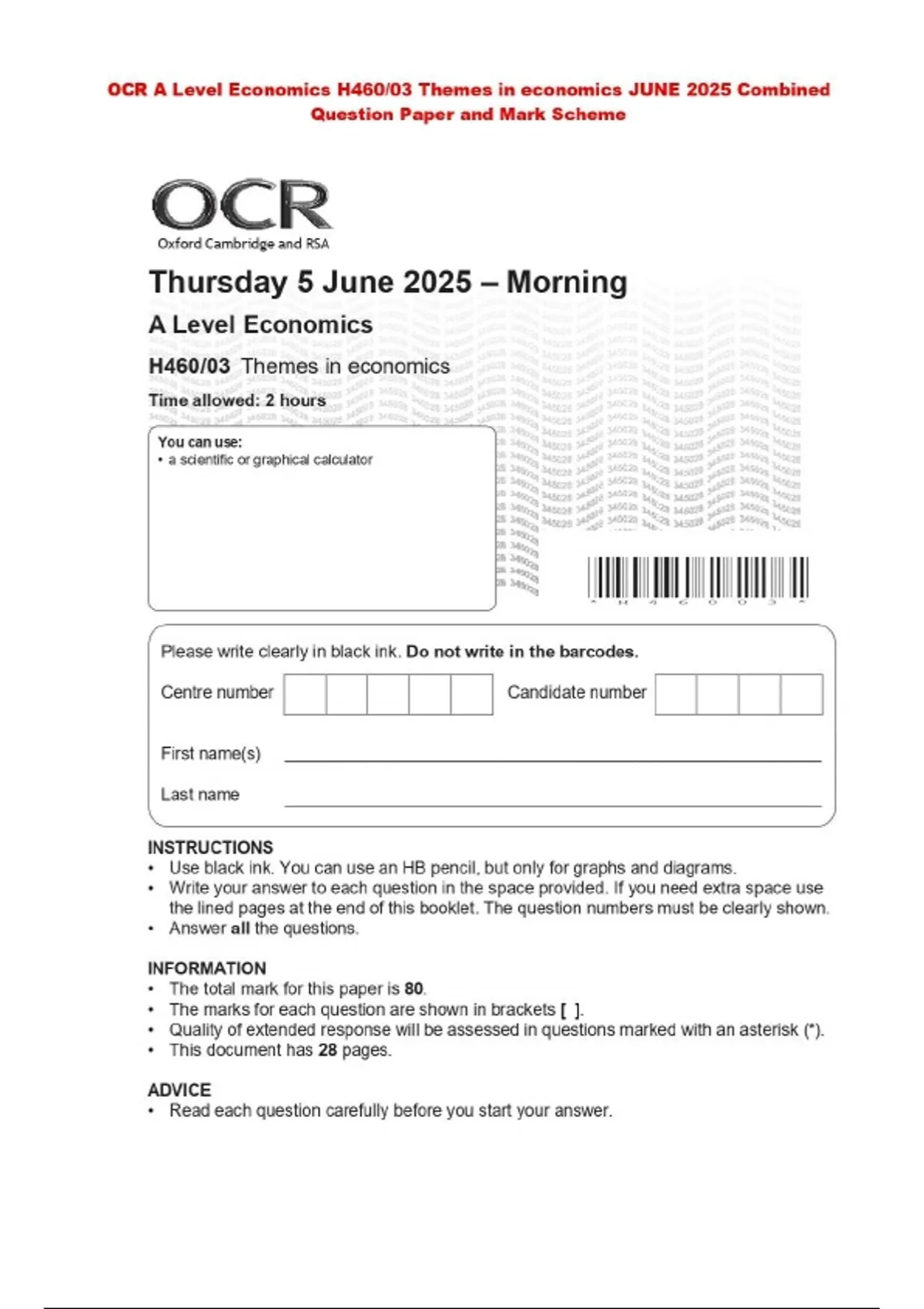 OCR A Level Economics H460/03 Themes in economics JUNE 2025 Combined ...