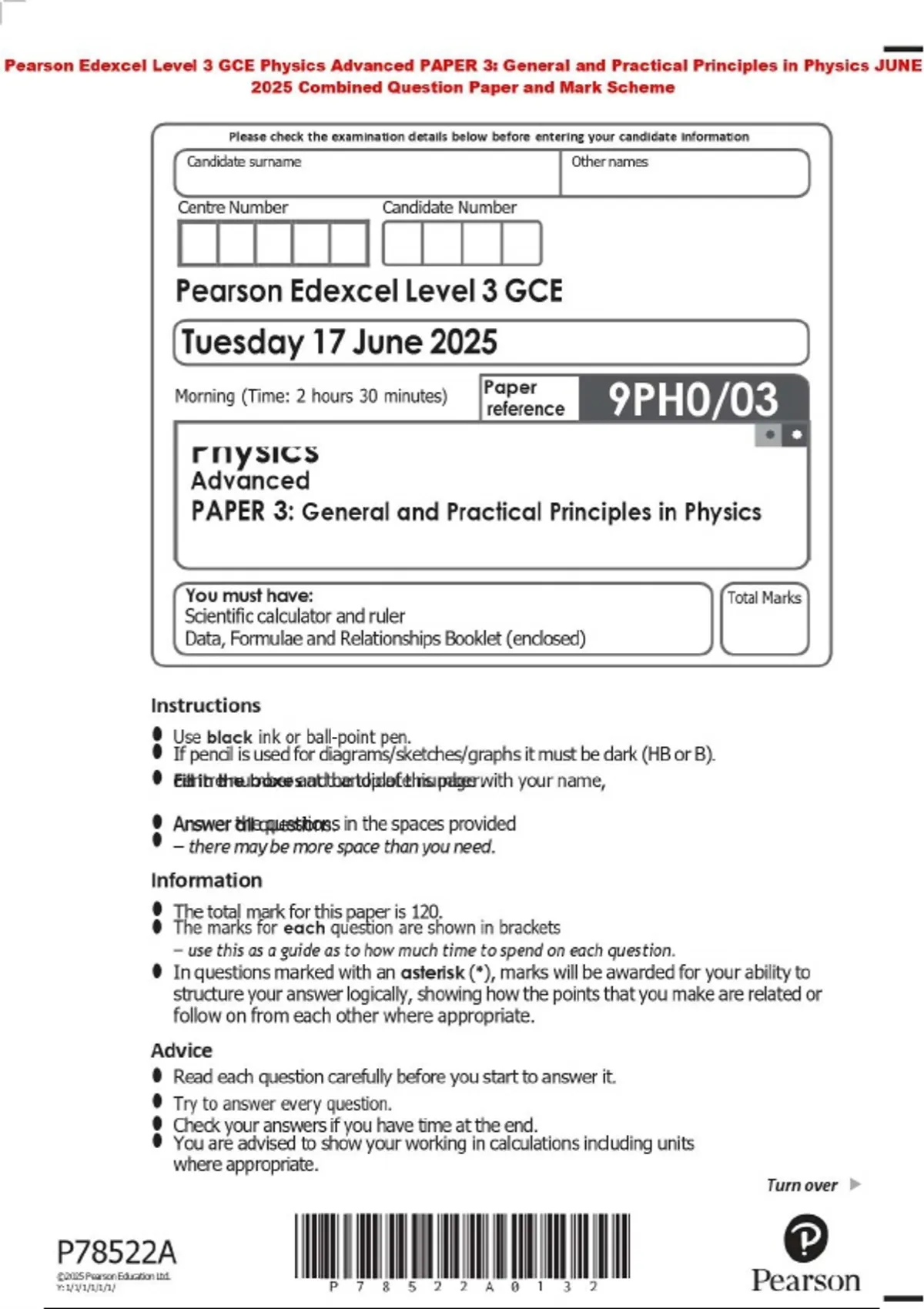 Pearson Edexcel Level 3 GCE Physics Advanced PAPER 3: General and ...