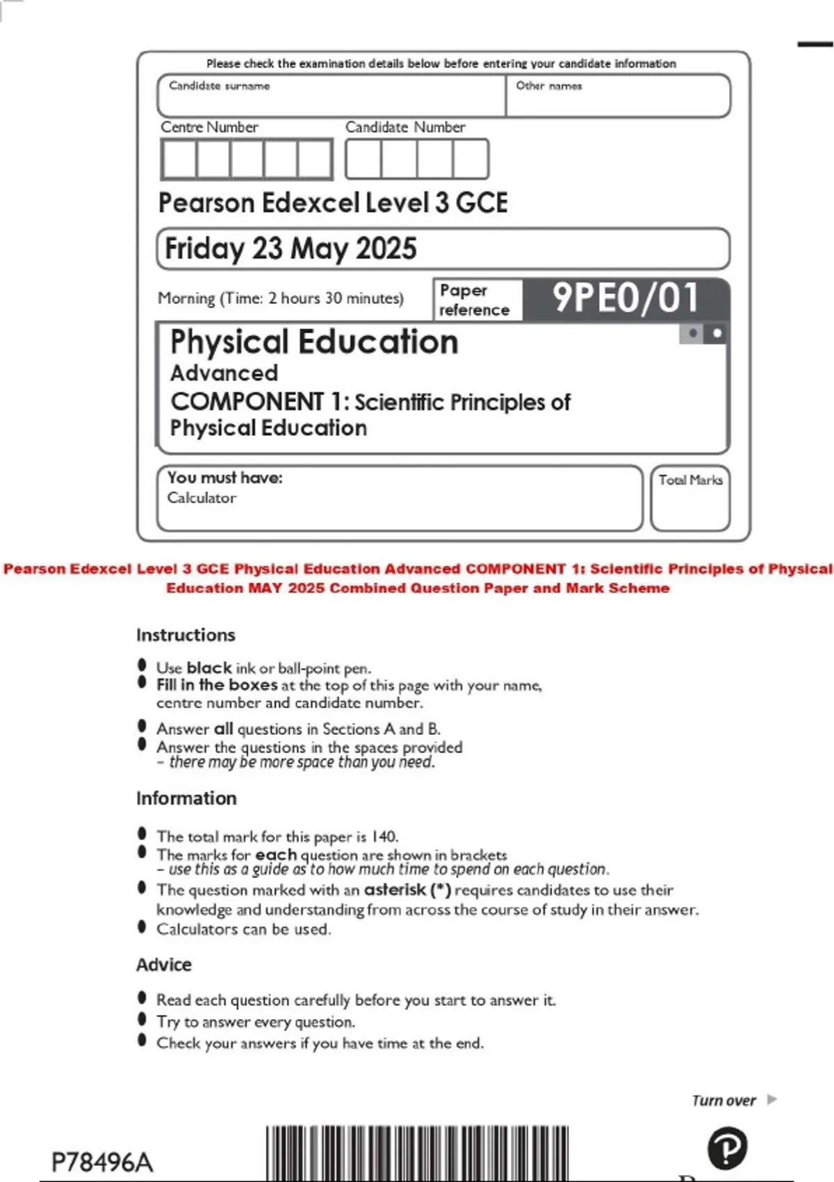 Pearson Edexcel Level 3 GCE Physical Education Advanced COMPONENT 1 ...