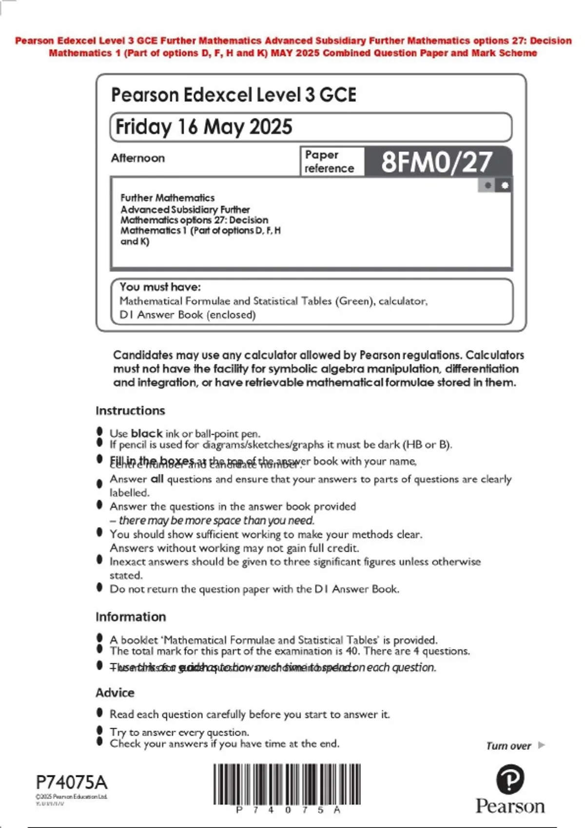 Pearson Edexcel Level 3 GCE Further Mathematics Advanced Subsidiary ...