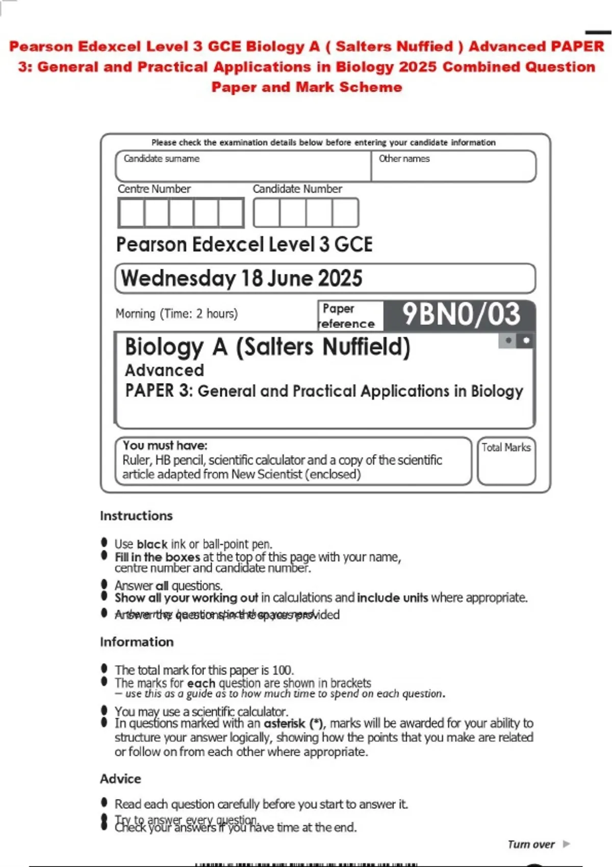 Pearson Edexcel Level 3 GCE Biology A ( Salters Nuffied ) Advanced ...