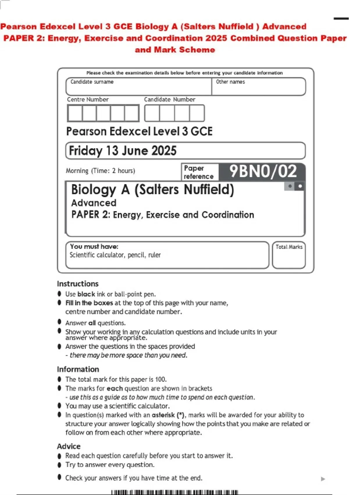 Pearson Edexcel Level 3 GCE Biology A (Salters Nuffield ) Advanced ...
