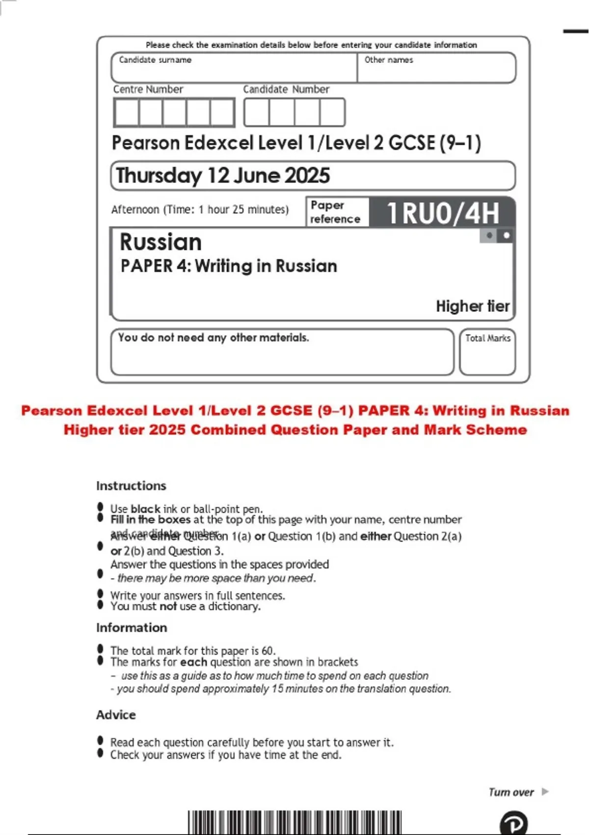 Pearson Edexcel Level 1/Level 2 GCSE (9–1) PAPER 4: Writing in Russian ...