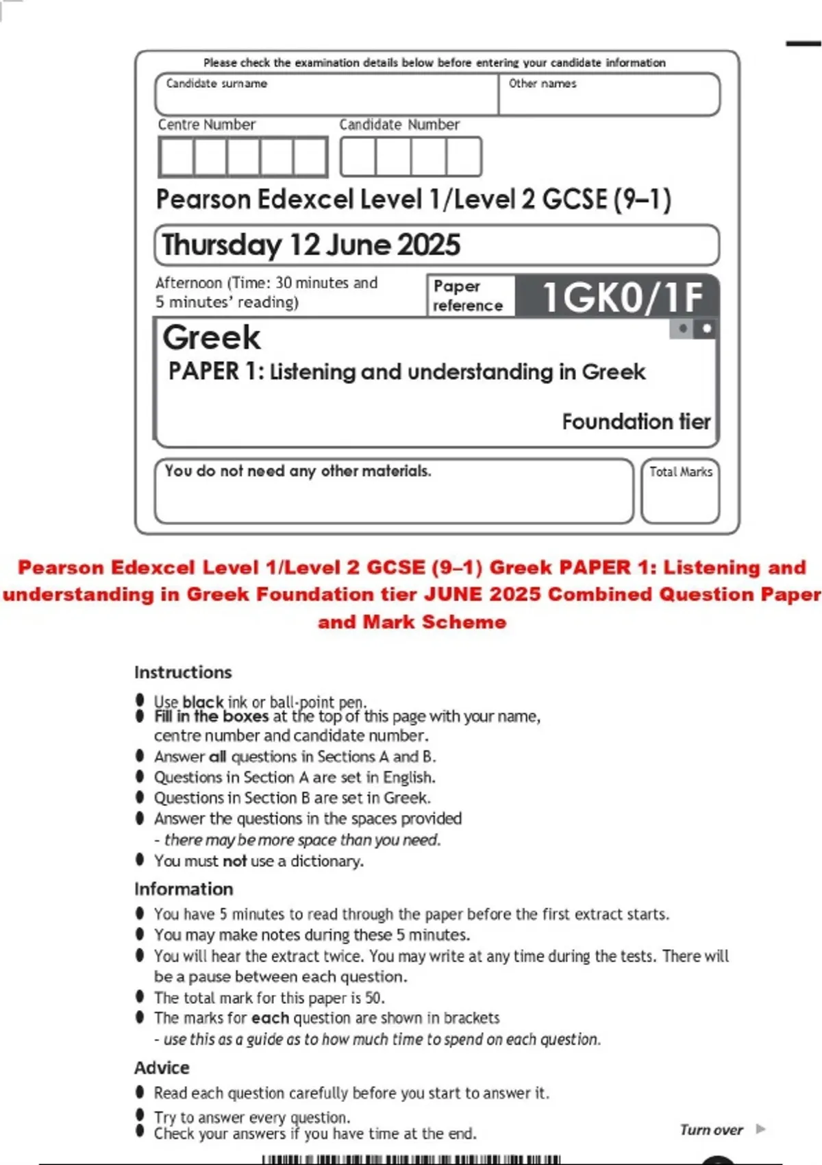 Pearson Edexcel Level 1/Level 2 GCSE (9–1) Greek PAPER 1: Listening and ...