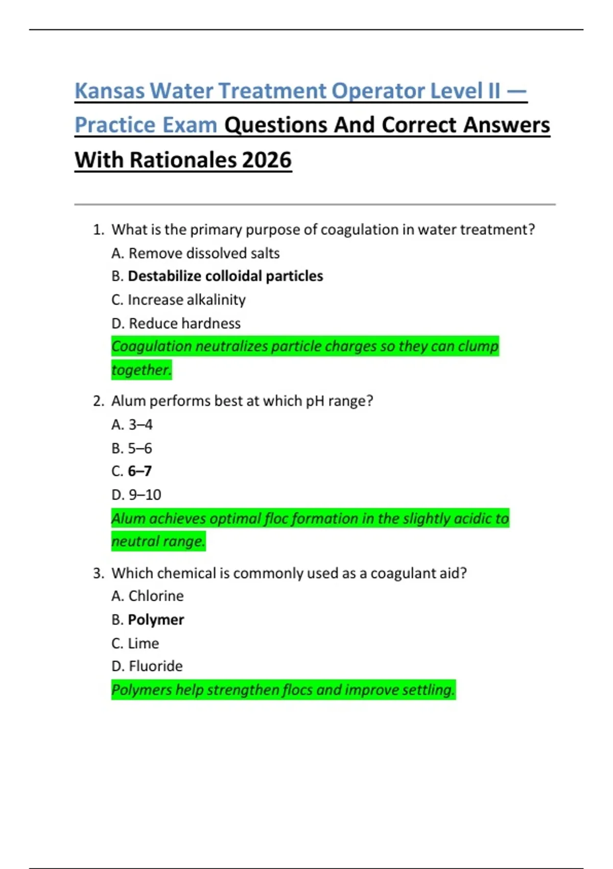 Kansas Water Treatment Operator Level II — Practice Exam Questions And ...
