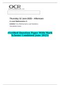 2025 A Level Mathematics A H240&sol;02 Pure Mathematics and Statistics &lpar;Verified Question Paper With Mark Scheme Combined June 2025&rpar;