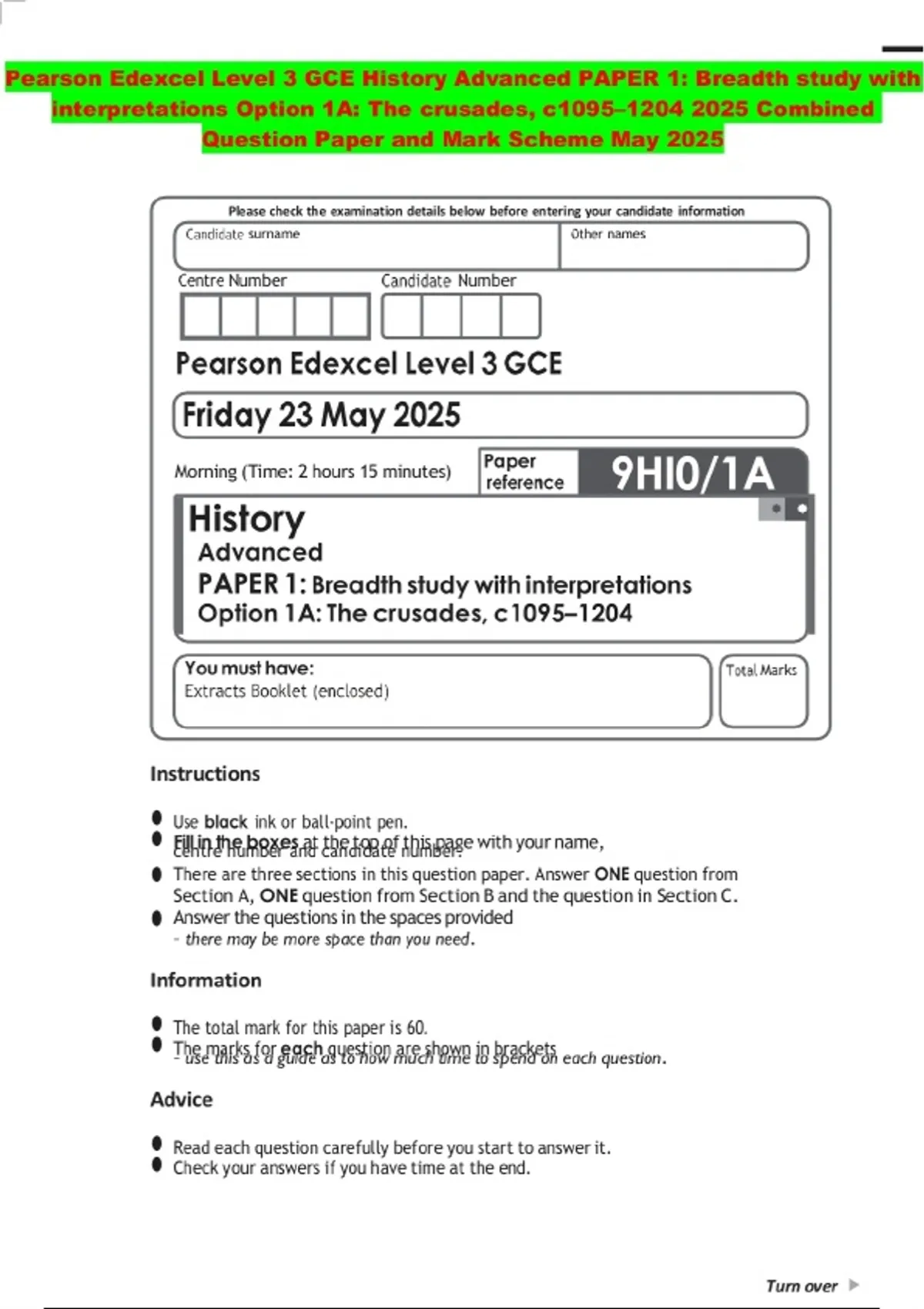 Pearson Edexcel Level 3 GCE History Advanced PAPER 1: Breadth study ...