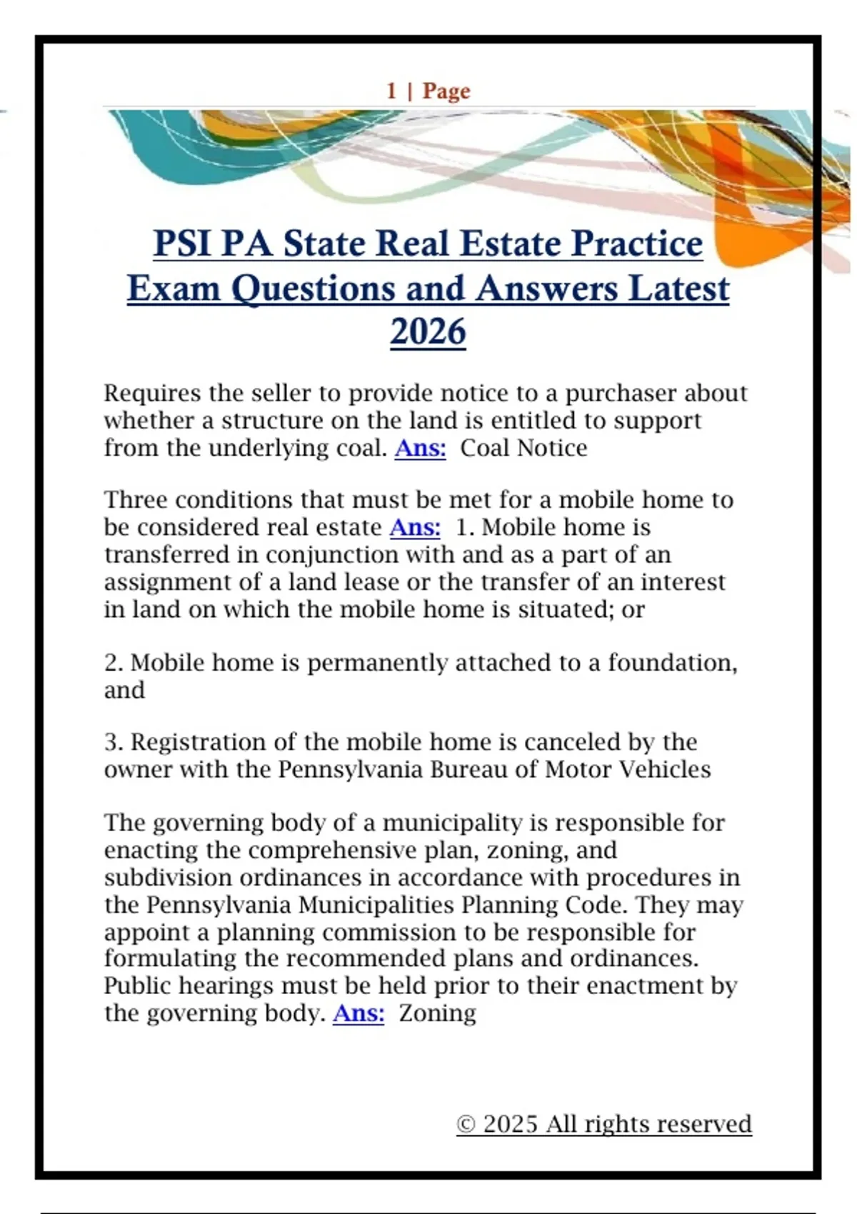 PSI PA State Real Estate Practice Exam Questions and Answers Latest ...