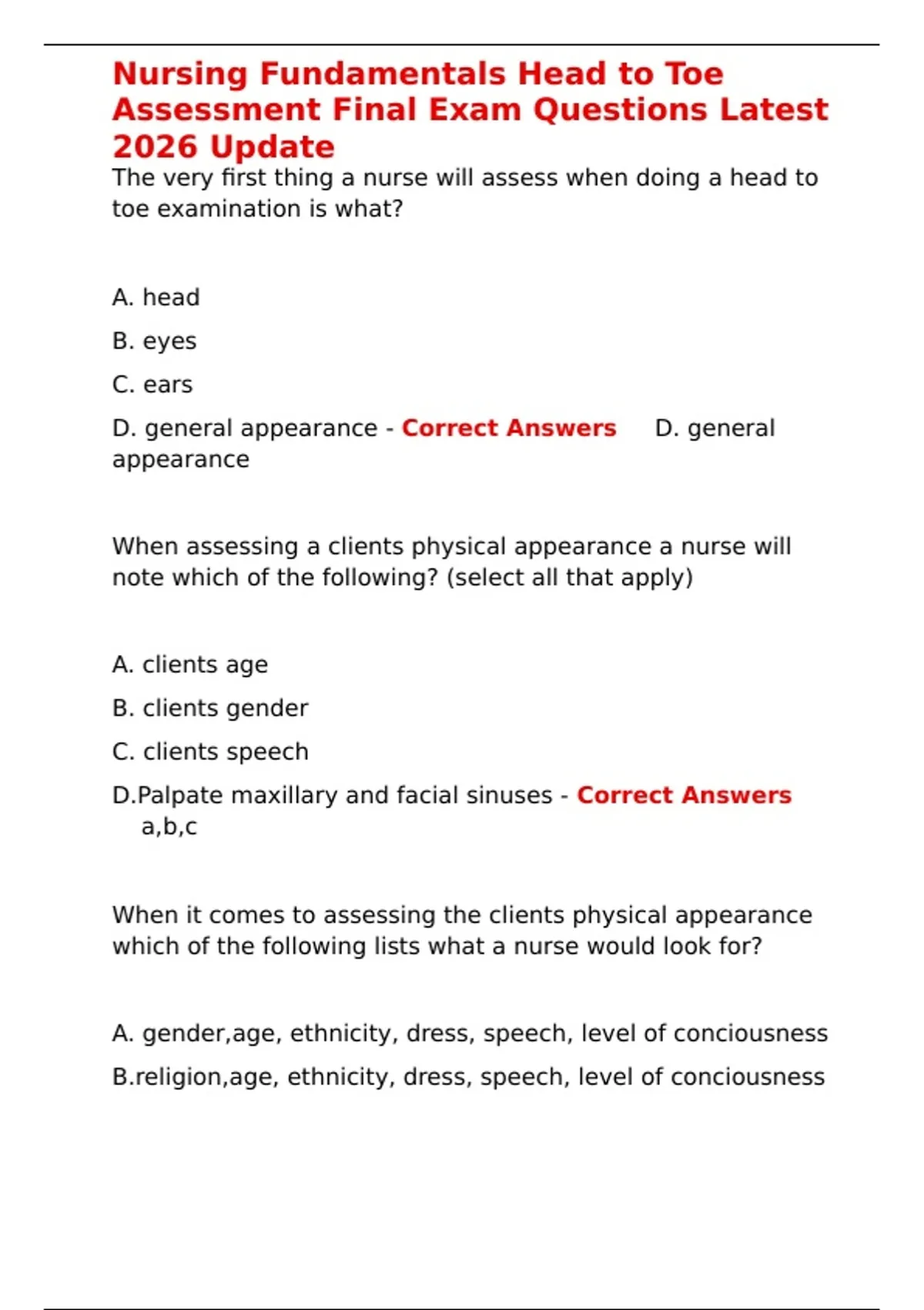 Nursing Fundamentals Head to Toe Assessment Final Exam Questions Latest ...