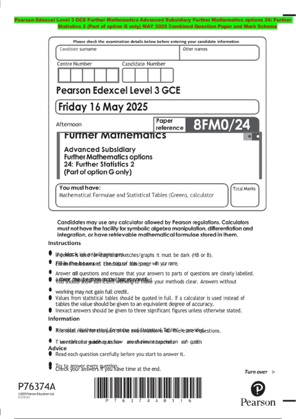 Pearson Edexcel Level 3 GCE Further Mathematics Advanced Subsidiary ...
