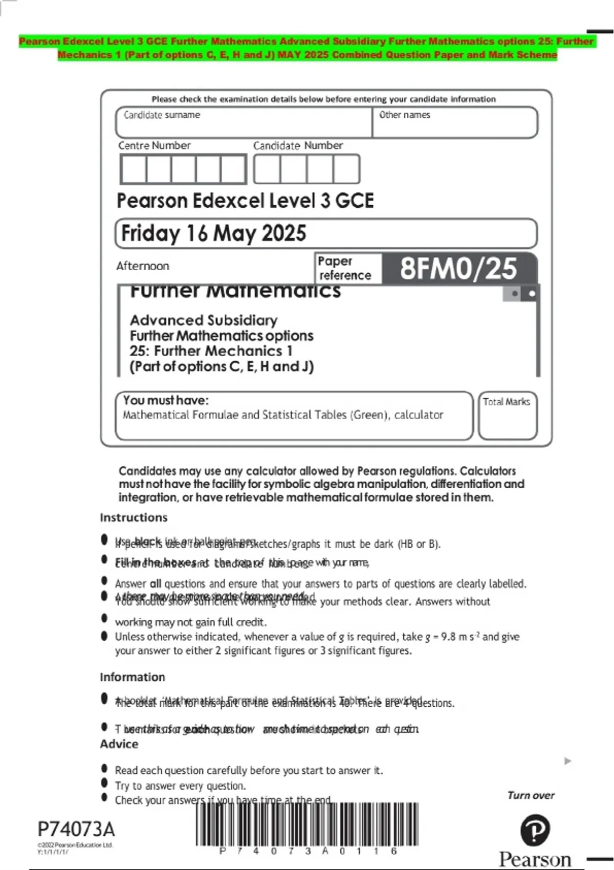 Pearson Edexcel Level 3 GCE Further Mathematics Advanced Subsidiary ...