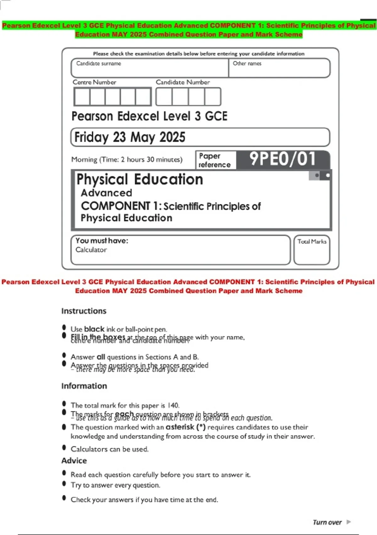 Pearson Edexcel Level 3 GCE Physical Education Advanced COMPONENT 2 ...