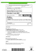 Pearson Edexcel Level 3 GCE Politics Advanced PAPER 2&colon; UK Government and Non-core Political Ideas JUNE 2025 Combined Question Paper and Mark Scheme