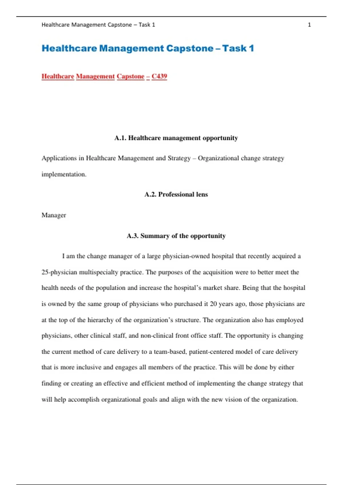 Healthcare Management Capstone Task 1 – C439 | WGU Healthcare ...