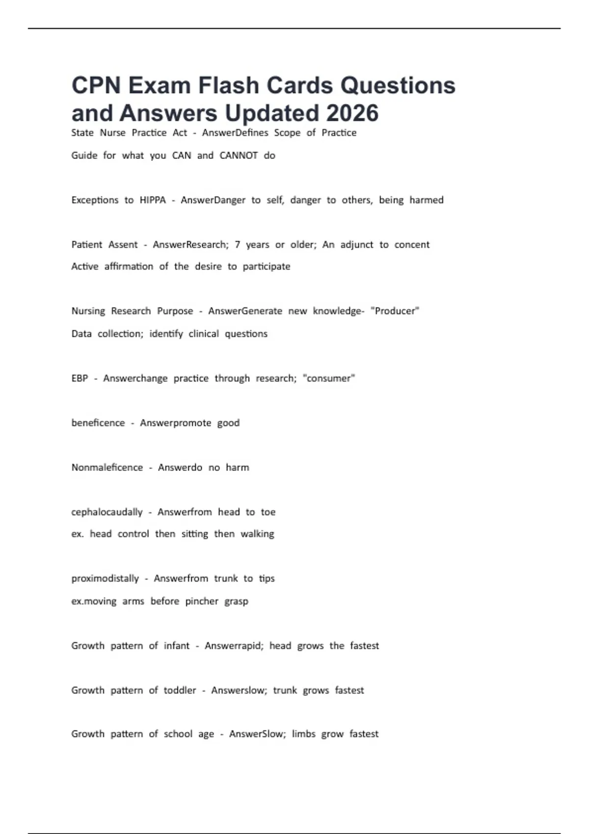 CPN Exam Flash Cards Questions and Answers Updated 2026 - CPN - Stuvia US