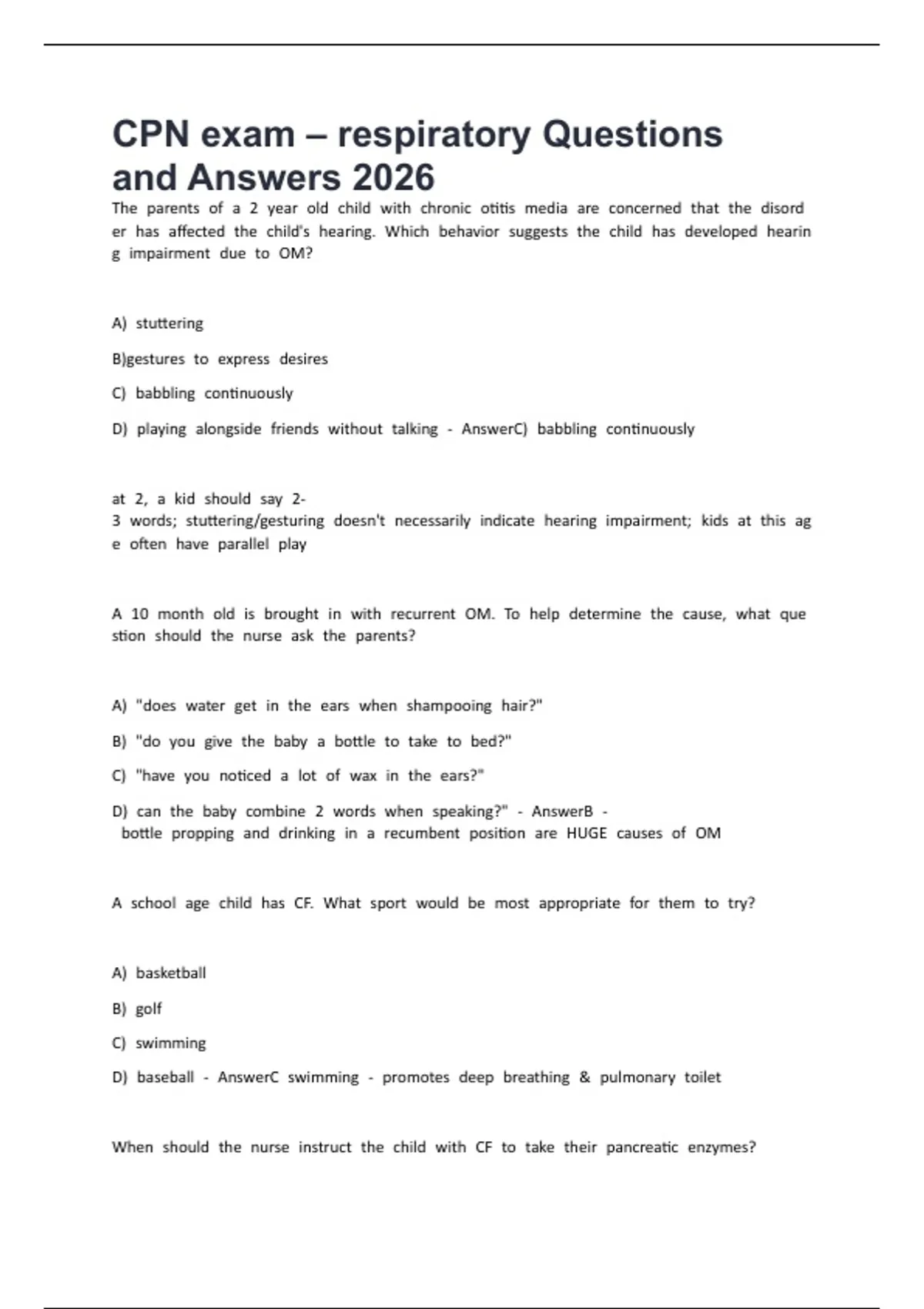CPN exam – respiratory Questions and Answers 2026 - CPN - Stuvia US