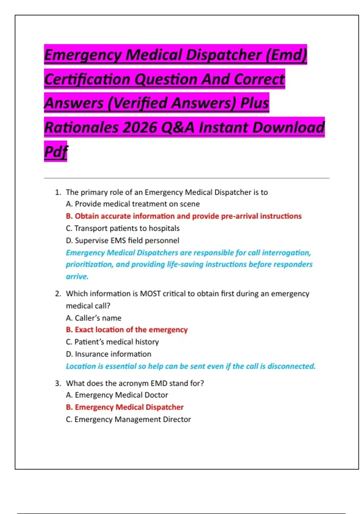 Emergency Medical Dispatcher (Emd) Certification Question And Correct ...
