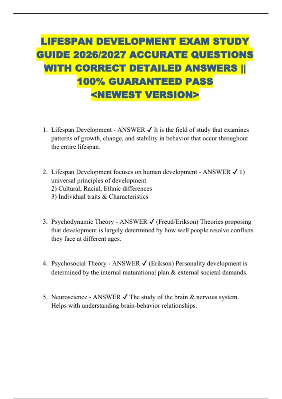 LIFESPAN DEVELOPMENT EXAM STUDY GUIDE 2026/2027 ACCURATE QUESTIONS WITH ...