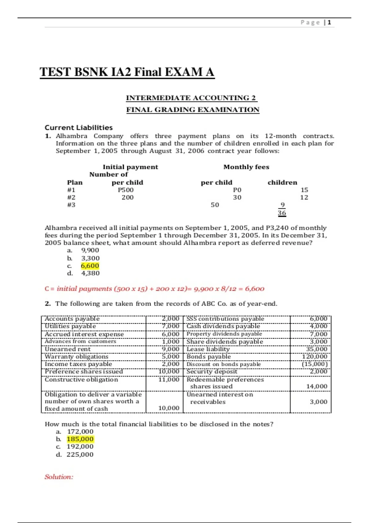 Intermediate Accounting 2 – Final Grading Exam Key Answers, Far Eastern ...
