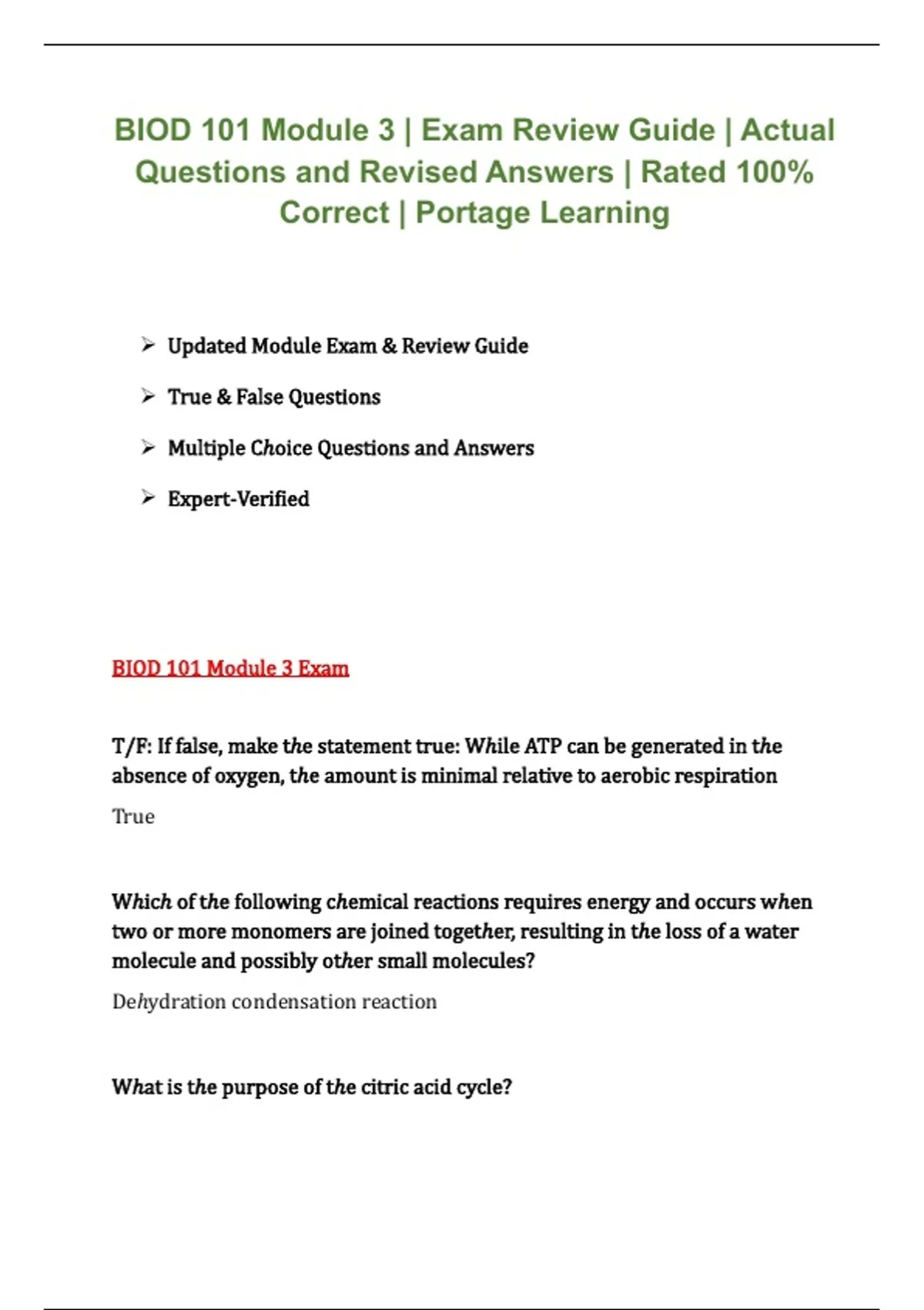 BIOD 101 Portage Learning 2026/2027 – Module 3 Exam Review Guide with ...