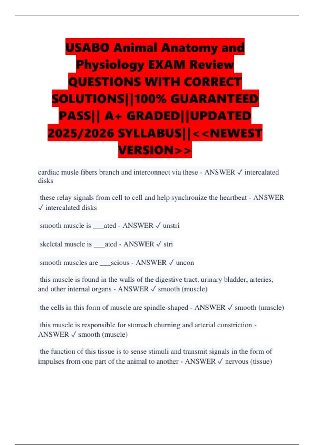 USABO Animal Anatomy and Physiology EXAM Review QUESTIONS WITH CORRECT ...