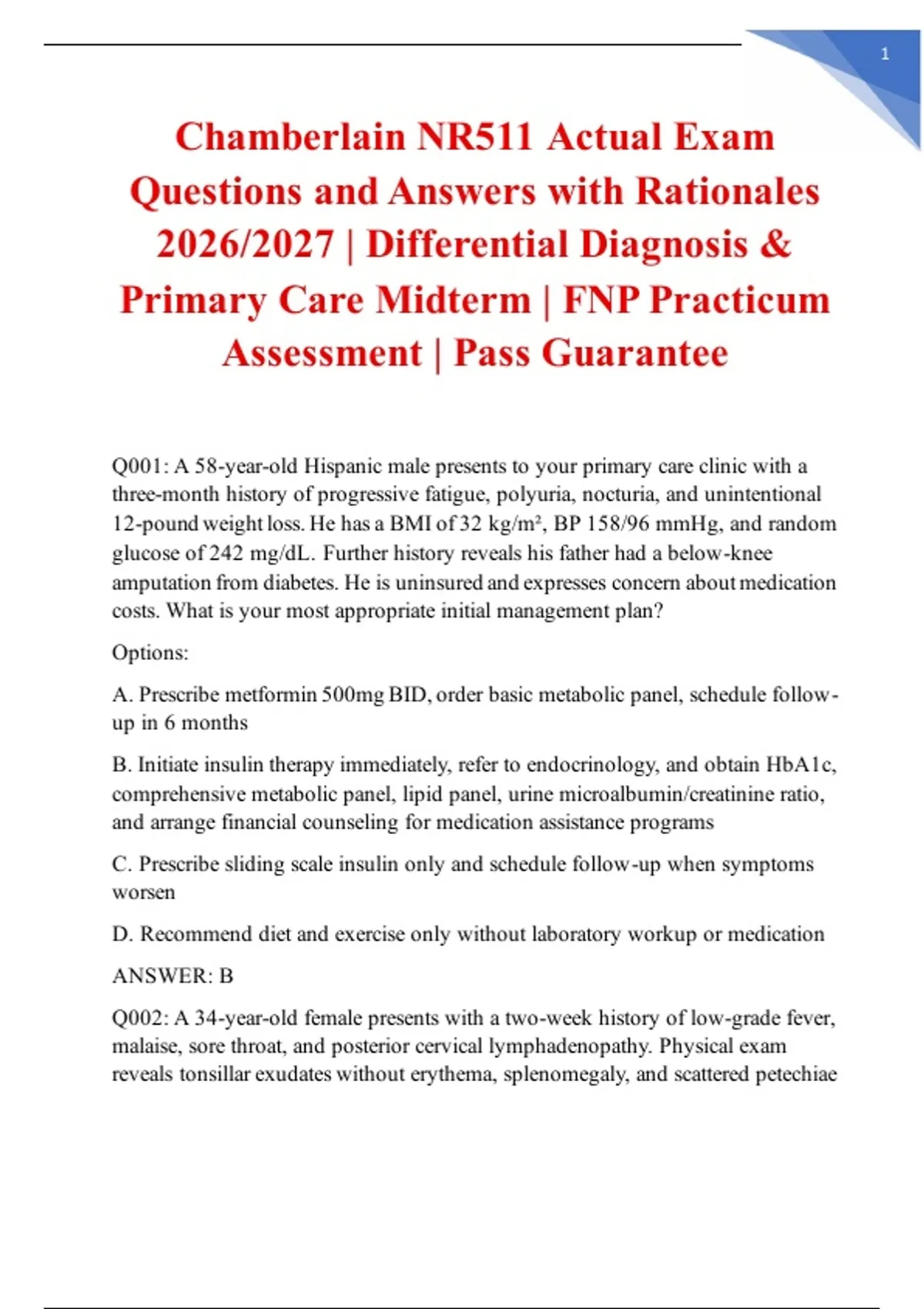 Chamberlain NR511 Actual Exam Questions and Answers with Rationales ...