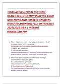 TEXAS AGRICULTURAL PESTICIDE  DEALER CERTIFICATION PRACTICE EXAM  QUESTIONS AND CORRECT ANSWERS  &lpar;VERIFIED ANSWERS&rpar; PLUS RATIONALES  2025&vert;2026 Q&A &vert; INSTANT  DOWNLOAD PDF