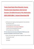 Texas Used Auto Parts Recycler License  Practice Exam Questions And Correct  Answers &lpar;Verified Answers&rpar; Plus Rationales  2025&vert;2026 Q&A &vert; Instant Download Pdf 