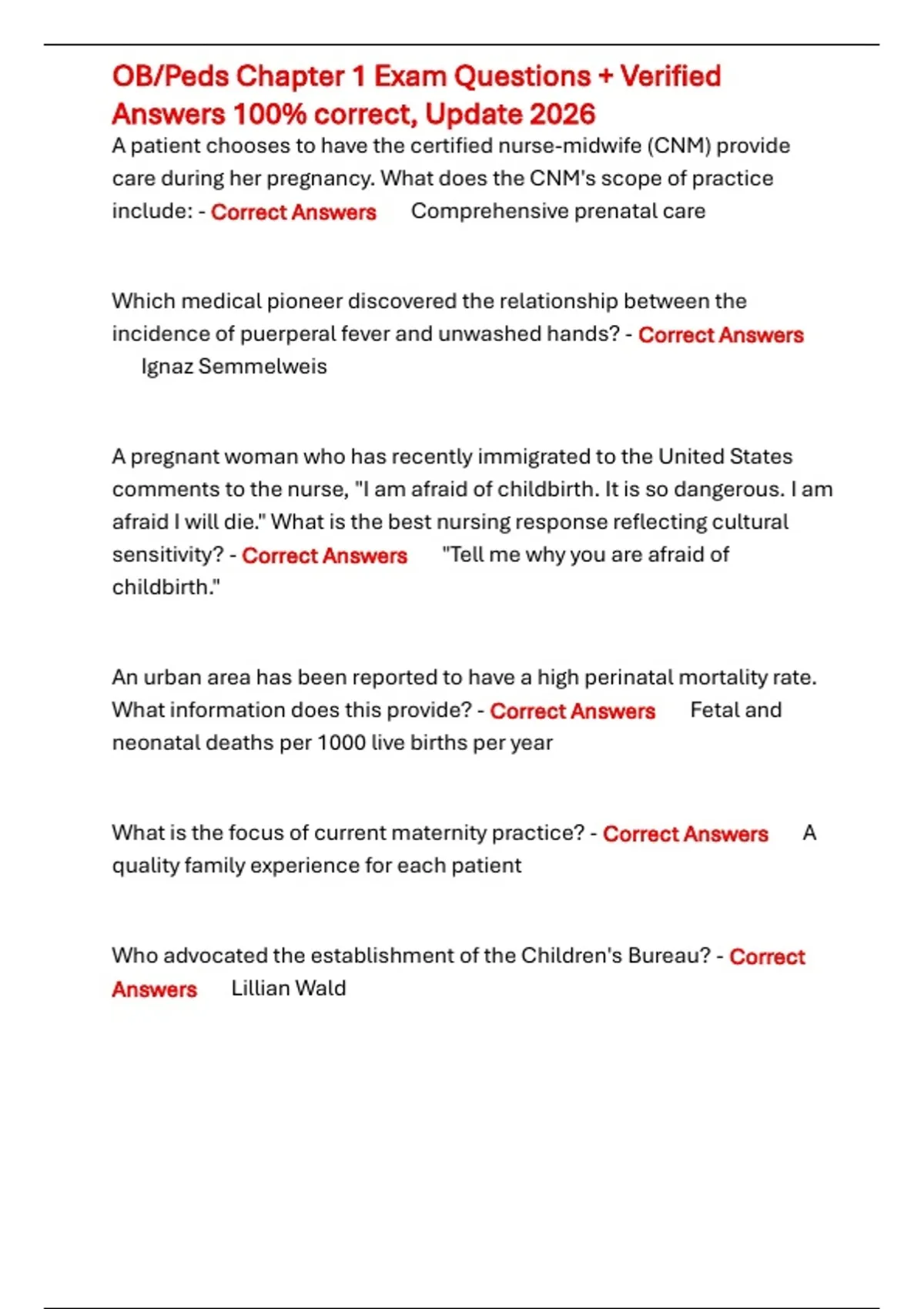 OB Peds Chapter 1 Exam Questions + Verified Answers 100- correct ...
