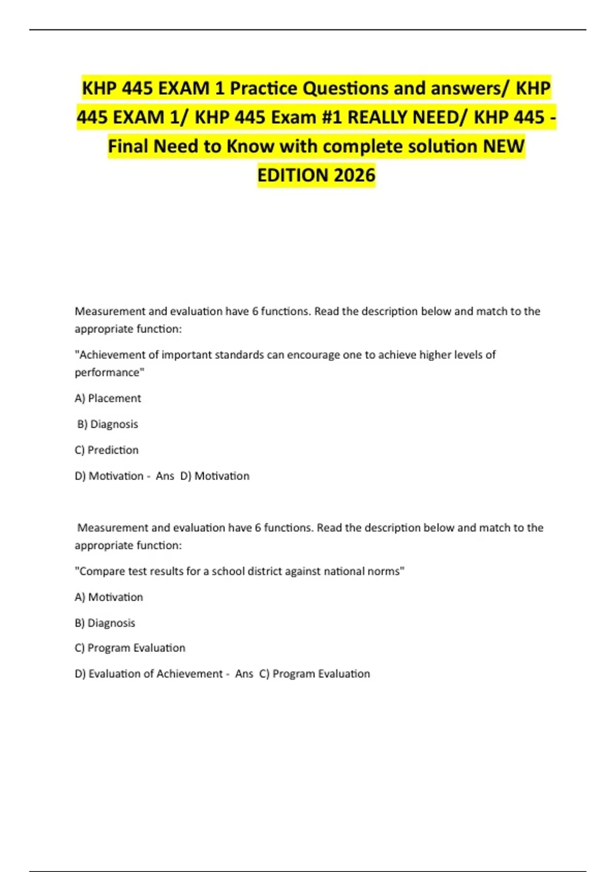 KHP 445 EXAM 1 Practice Questions and answers/ KHP 445 EXAM 1/ KHP 445 ...