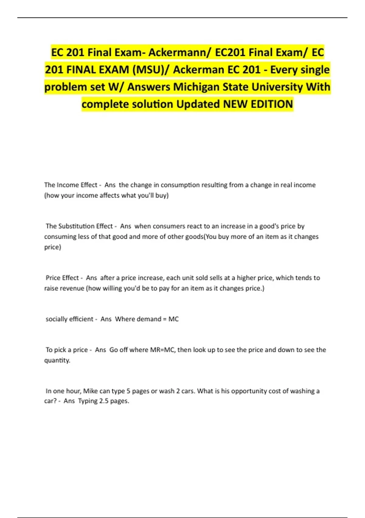 EC 201 Final Exam- Ackermann/ EC201 Final Exam/ EC 201 FINAL EXAM (MSU ...