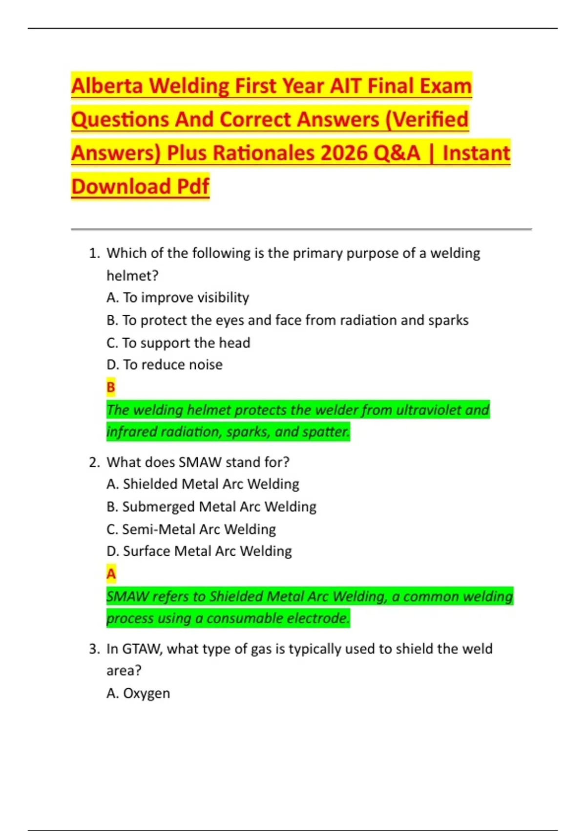 Alberta Welding First Year AIT Final Exam Questions And Correct Answers ...