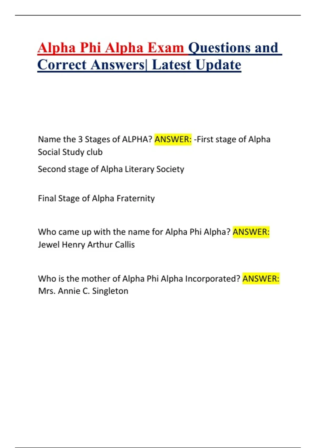Alpha Phi Alpha Exam Questions and Correct Answers| Latest Update ...