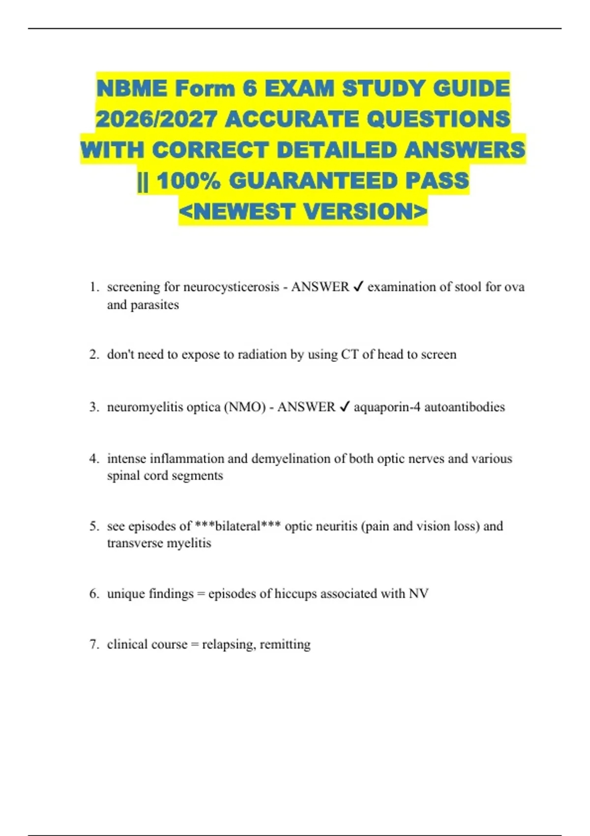 NBME Form 6 EXAM STUDY GUIDE 2026/2027 ACCURATE QUESTIONS WITH CORRECT ...