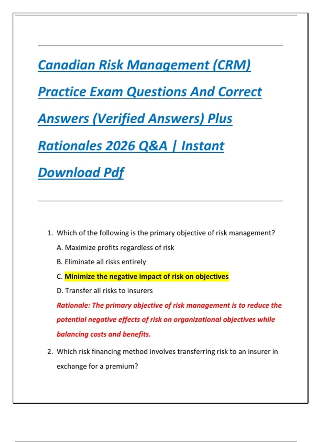 Canadian Risk Management (CRM) Practice Exam Questions And Correct ...