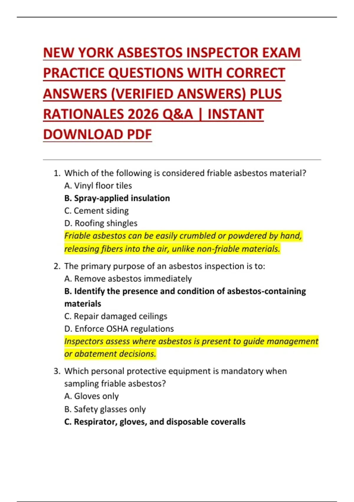 NEW YORK ASBESTOS INSPECTOR EXAM PRACTICE QUESTIONS WITH CORRECT ANSWERS (VERIFIED ANSWERS) PLUS ...