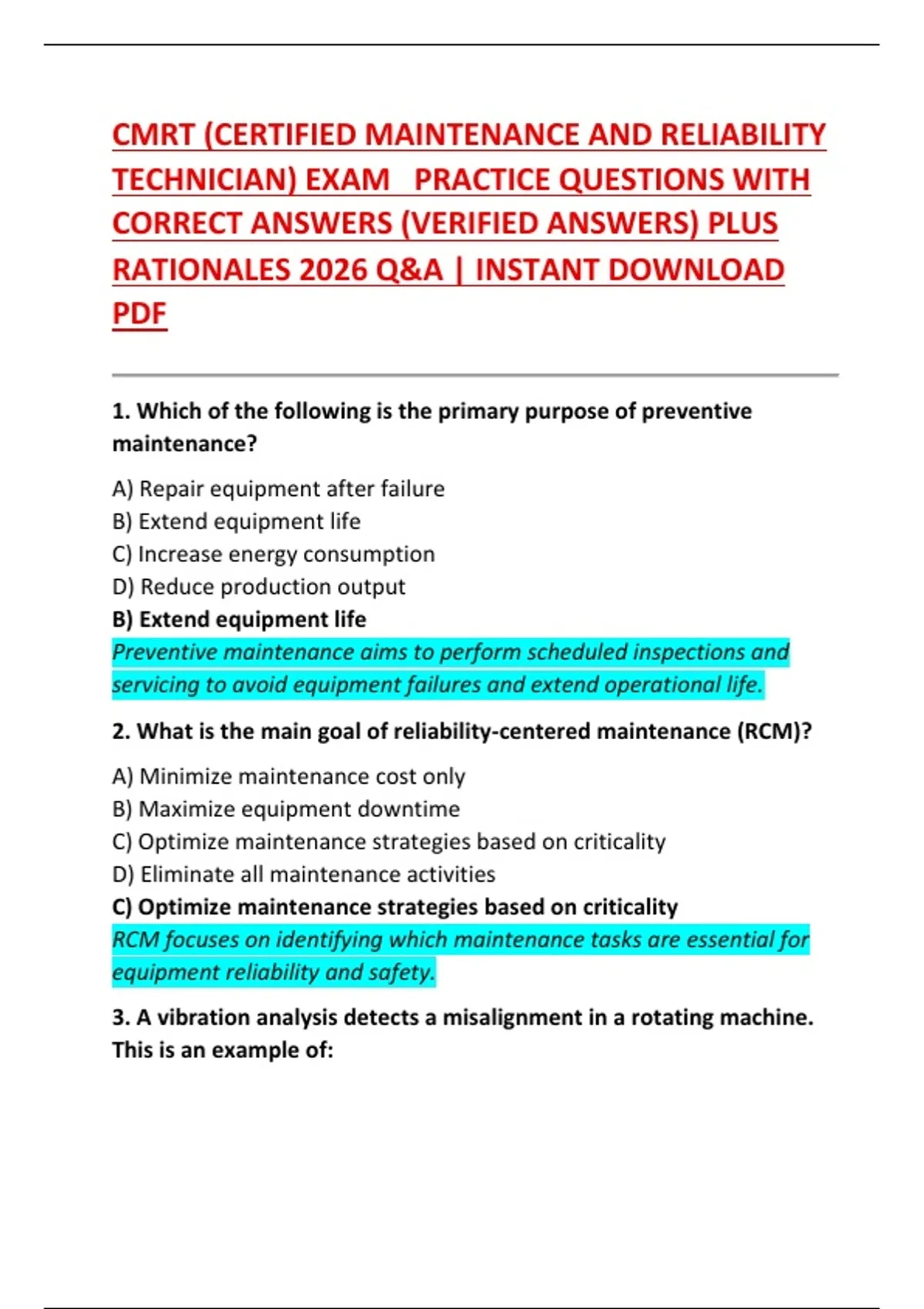 Reliability Exam Question CMRT (CERTIFIED MAINTENANCE AND RELIABILITY TECHNICIAN) EXAM PRACTICE ...