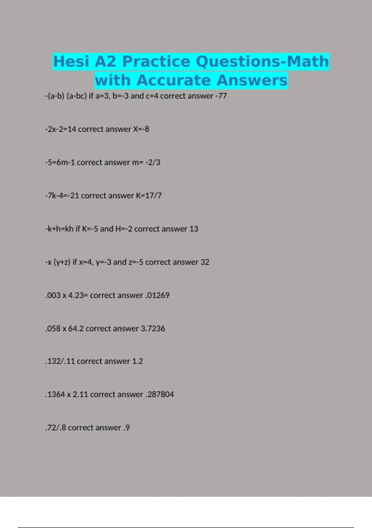 Hesi Math Practice Questions Hesi A2 Practice Questions-Math with Accurate Answers - Hesi A2 - Stuvia US