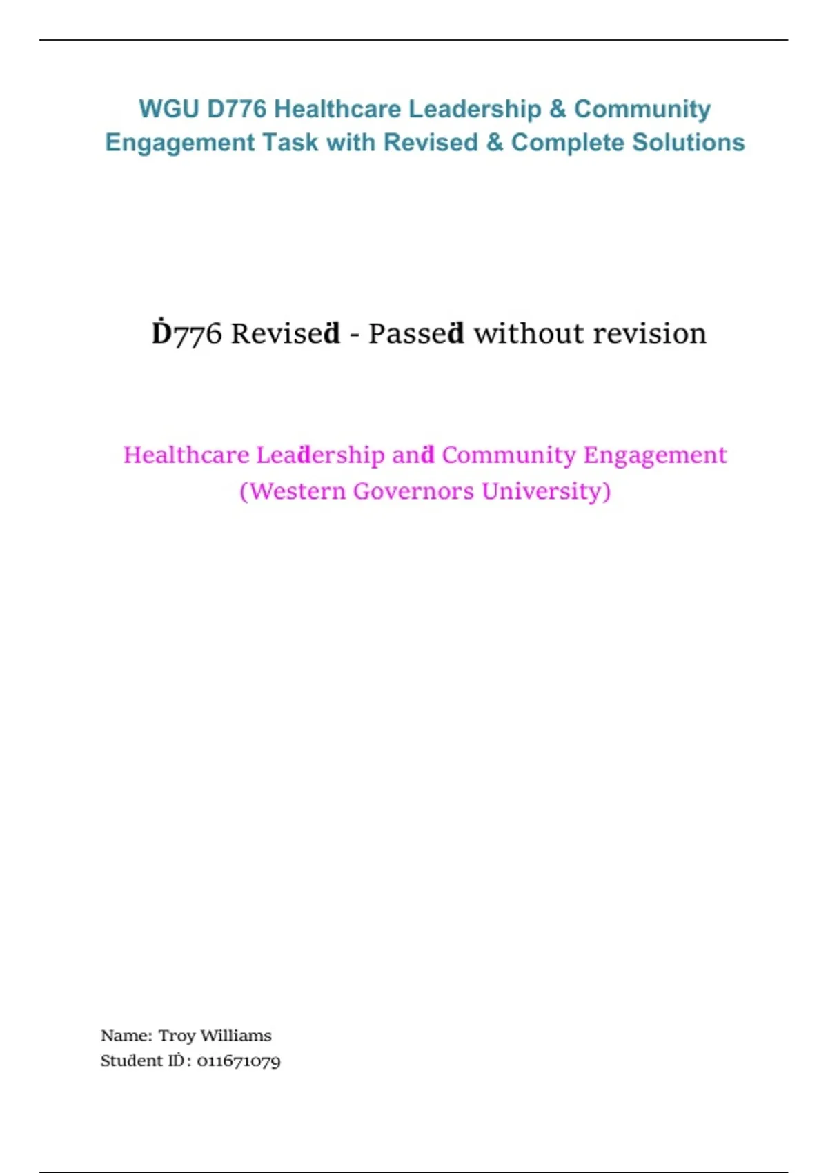WGU D776 – Healthcare Leadership & Community Engagement, Western ...